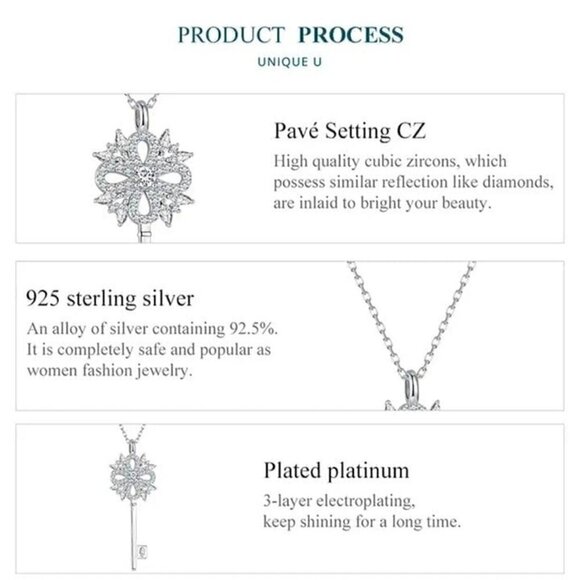 NWT S925 Sterling Silver CZ Elegant Four Point Key Pendant Necklace Women's 16" - Picture 6 of 11